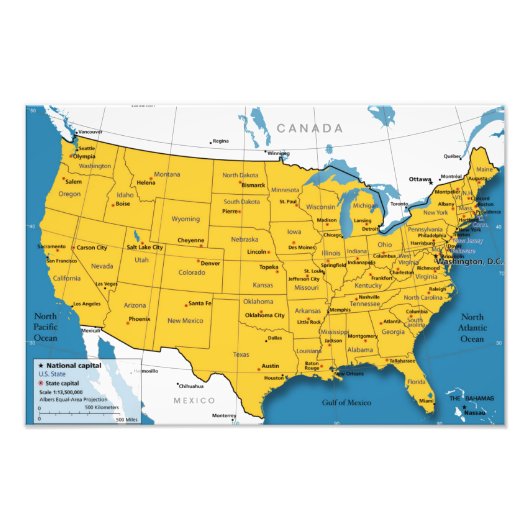 US-Karte mit Namen und Hauptstädte der Staat Fotodruck (Vorne)
