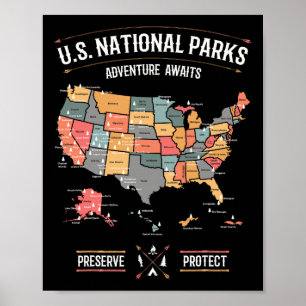 US-Nationalparkkarte Schutz des Wandercamps Poster