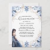 Us Ombre Elfenbein Ice Sky Gold Royal Blue Quincea Einladung (Vorderseite)