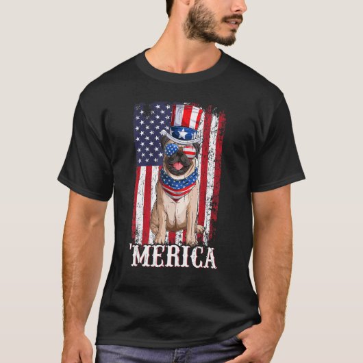 US Patriotic American Flag Beige Mops Dog 4. T-Shirt (Vorderseite)