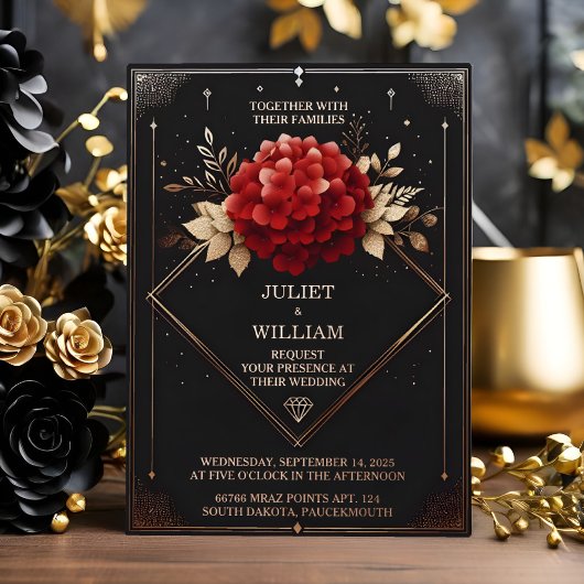 US Rose Garden Diamond Red Black and Gold Wedding Folieneinladung