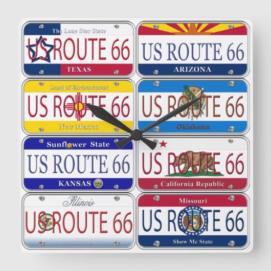 US ROUTE 66 Alle 8 Staaten Vanity Teller Quadratische Wanduhr (Vorderseite)