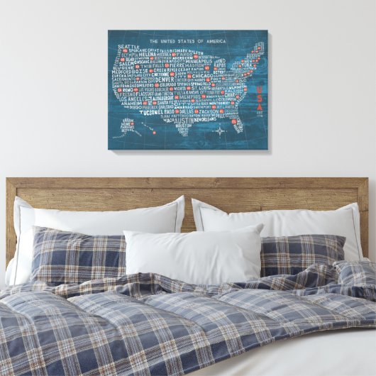 US-Stadtplan für Wood Blue Leinwanddruck (Insitu (Schlafzimmer))