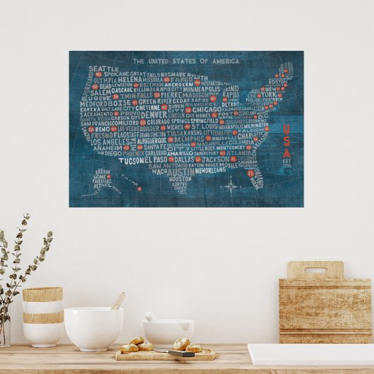 US-Stadtplan für Wood Blue Poster (Küche)