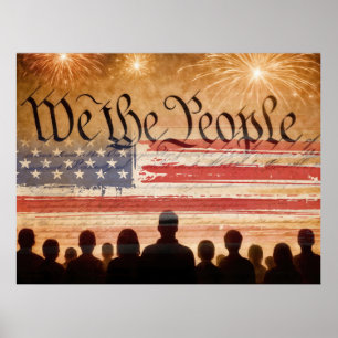 US-Verfassung mit Flag und Feuerwerk Poster