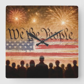 US-Verfassung mit Flag und Feuerwerk Quadratische Wanduhr (Vorderseite)