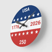 USA 1776 2026 250th Anniversary Red White Blue Runde Wanduhr (Winkel)