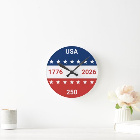 USA 1776 2026 250th Anniversary Red White Blue Runde Wanduhr (Zuhause)