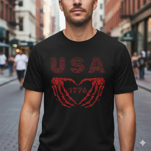 USA 1776 Patrioten-Skelett-Herz-Hände T-Shirt
