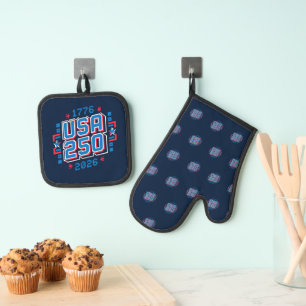 USA 250 - 1776 bis 2026 Pixel Art Ofenhandschuh & Topflappen-Set