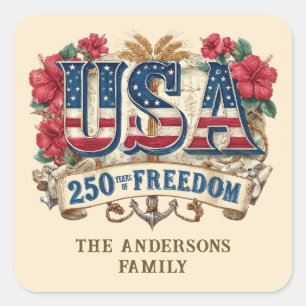 USA 250 Jahre Freiheit Personalisierter Familienna Quadratischer Aufkleber