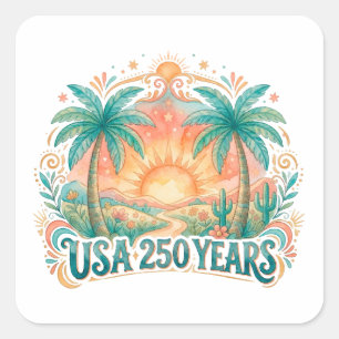 USA 250 Jahre Palmen Patriotisch Wüsten-Sonnenaufg Quadratischer Aufkleber
