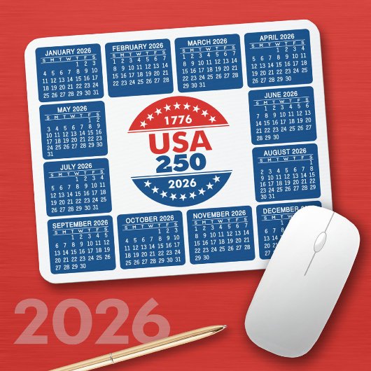 USA 250 mit 2026-Kalender - Rot Weiß Blau Mousepad