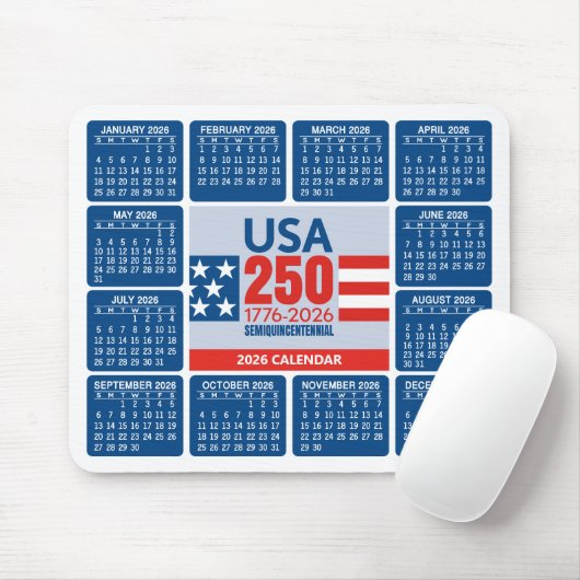 USA 250 with 2026 Calendar - Red White Blue Mousepad (Mit Mouse)