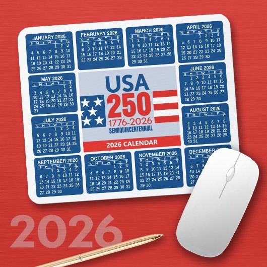 USA 250 with 2026 Calendar - Red White Blue Mousepad