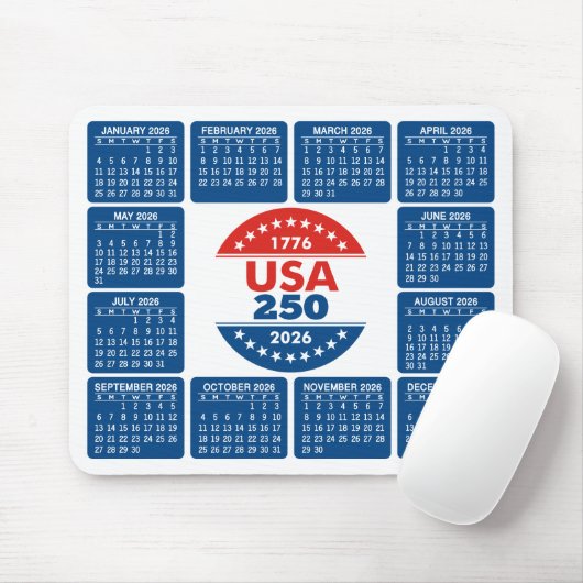 USA 250 with 2026 Calendar - Red White Blue Mousepad (Mit Mouse)