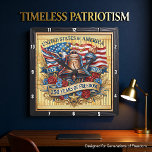 USA 250 Years Liberty Bell Quadratische Wanduhr<br><div class="desc">Celebrate a historic quarter-millennium with the USA 250 Years of Freedom Liberty Bell clock. This high-energy timepiece features a high-definition graphic that meticulously captures American iconicism. The design centers on a bronzed Liberty Bell and the Torch of Liberty, set against a backdrop of a waving American flag and a soaring...</div>