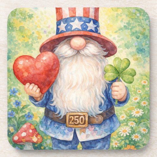 USA 250th Anniversary Patriotic Gnome Heart Shamro Getränkeuntersetzer (Vorderseite)