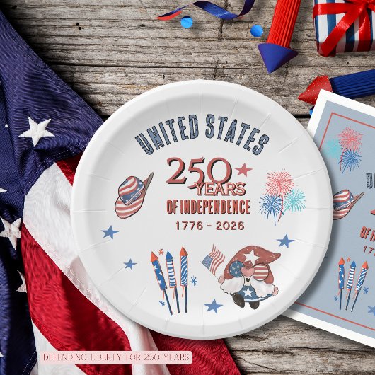 USA 250th Anniversary Patriotic Gnome Paper Plates Pappteller