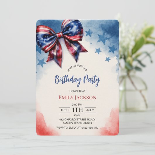 USA 4. Juli Bow Birthday Einladung (Stehend Vorderseite)