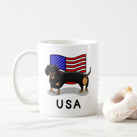 USA American Flag Dackel Dachshund (schwarz & tan) Kaffeetasse (Mit Donut)