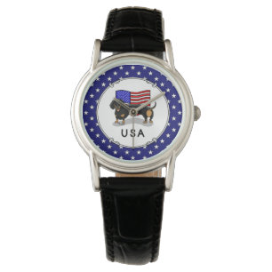 USA American Flag Dackel - (schwarz & tan) Armbanduhr