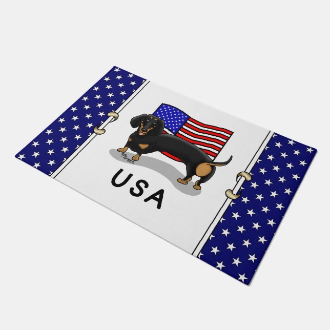 USA American Flag Dackel - (schwarz & tan) Fußmatte (Schrägansicht)