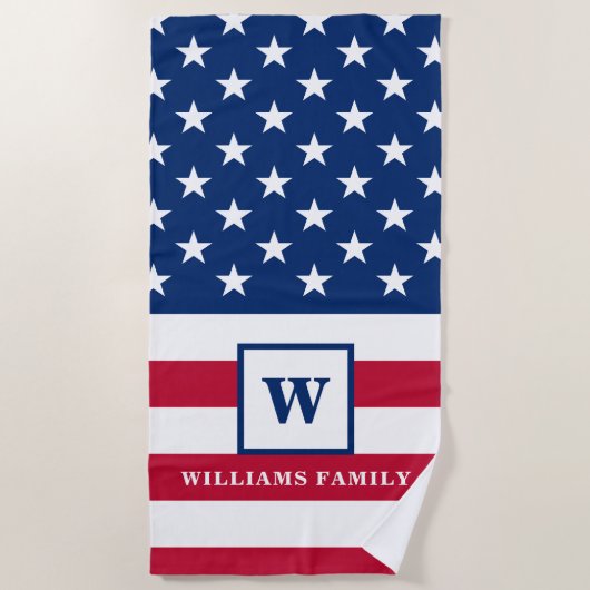USA American Flag Monogram Family Name 4. Juli Strandtuch (Vorderseite)