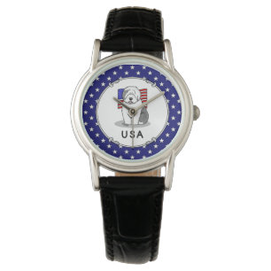 USA American Flag Old English Sheepdog (Gray 1) Armbanduhr