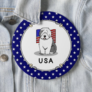 USA American Flag Old English Sheepdog (Gray 1) Button