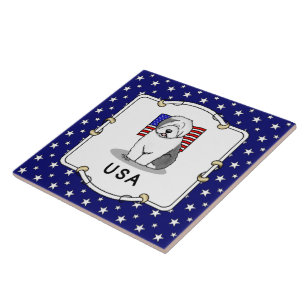 USA American Flag Old English Sheepdog (Gray 1) Fliese