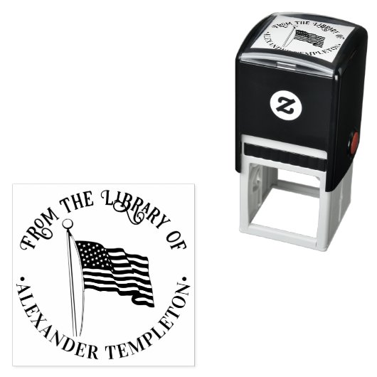 USA American Flag Wave Library Round Book Name Permastempel (Beispiel)