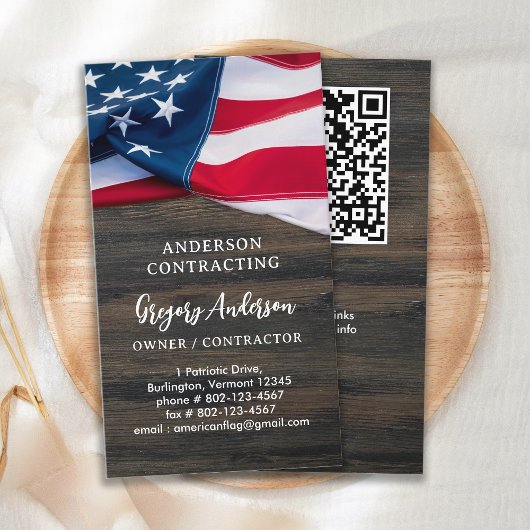 USA amerikanische Flagge QR Code Rustic Wood Patri Visitenkarte