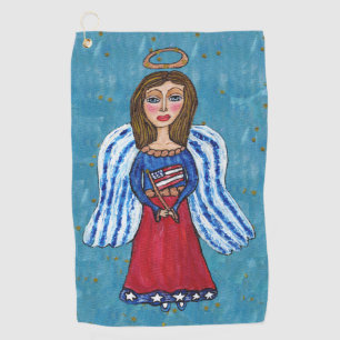 USA Angel Blue Eyes American Flag Gold Stars Golfhandtuch