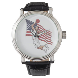 USA-Basketball-Slam-Dunk-Amerikanische-Flagge-Farb Armbanduhr