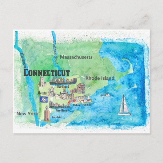 USA Connecticut Reiseplan mit Highlights Postkarte (Vorderseite)