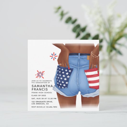USA Denim Girl Graduation Party Einladung (Stehend Vorderseite)