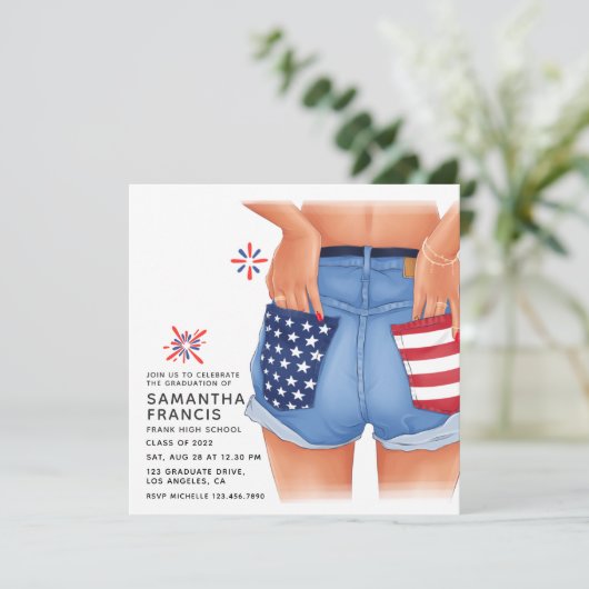 USA Denim Girl Graduation Party Einladung (Stehend Vorderseite)
