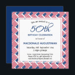 USA FLAG American Personalisiert 50. Geburtstag Einladung<br><div class="desc">Stilvolle patriotische 50. Geburtstagseinladung mit der Fahne der USA auf der Vorderseite und schlichter AMERICAN blauer Hintergrund auf der Rückseite. Der gesamte Text ist anpassbar, sodass Sie Ihre eigenen Daten hinzufügen können. Auf der Rückseite befindet sich der Platzhalter Scripture-Vers, der durch eine eigene Schrift oder einen eigenen Text ersetzt werden...</div>