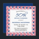 USA FLAG American Personalisiert 50. Geburtstag Einladung<br><div class="desc">Stilvolle patriotische 50. Geburtstagseinladung mit der Fahne der USA auf der Vorderseite und schlichter AMERICAN blauer Hintergrund auf der Rückseite. Der gesamte Text ist anpassbar, sodass Sie Ihre eigenen Daten hinzufügen können. Auf der Rückseite befindet sich der Platzhalter Scripture-Vers, der durch eine eigene Schrift oder einen eigenen Text ersetzt werden...</div>