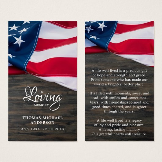 USA Flag Beileid Memorial Funerary Prayer Card (Vorne & Hinten)