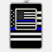 USA Flag Black and White Thin Blue Line Rahmen-Ornament Silber (Vorderseite)