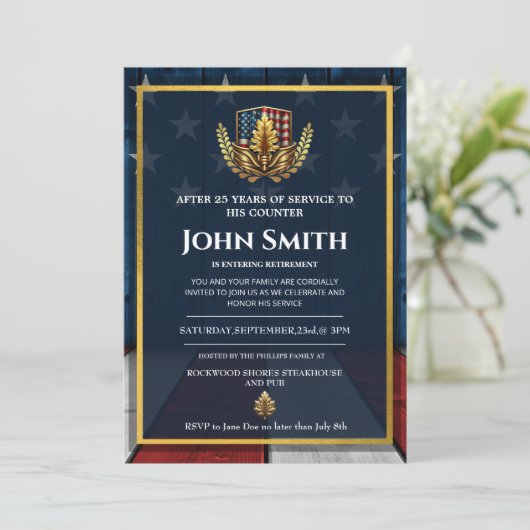 USA Flag Gold Oak Militärruhestand Einladung (Stehend Vorderseite)