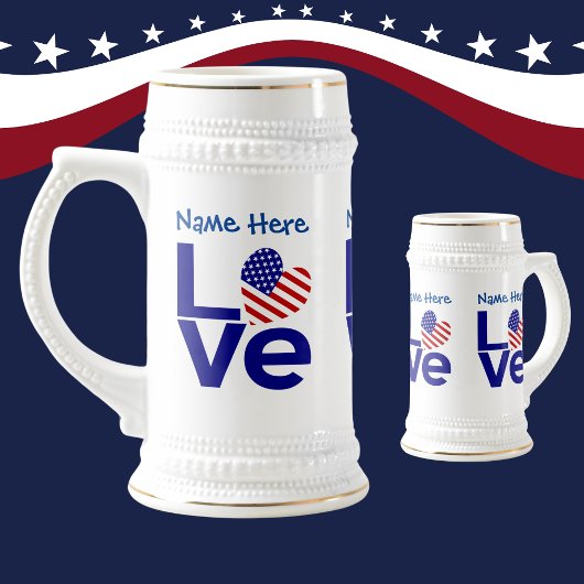 USA Flag Heart Blue LIEBE Personalisiert Bierglas