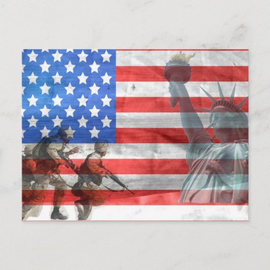 USA Flag Lady Liberty und Soldaten Postkarte (Vorderseite)