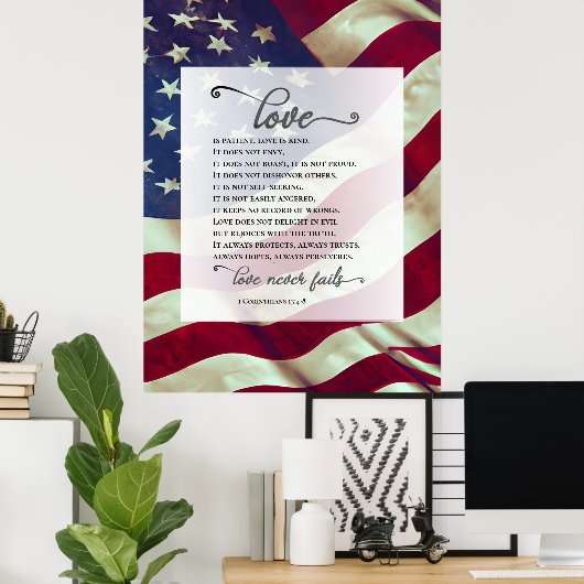 USA Flag Liebe Versage nie Bibel Patriotic Wedding Poster (Heimbüro)