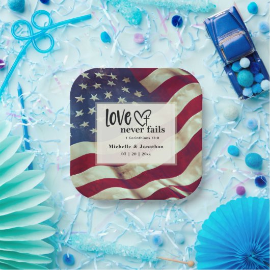 USA Flag Liebe Versage nie Wedding Bible Verse Pappteller (Party)