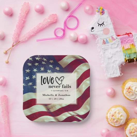 USA Flag Liebe Versage nie Wedding Bible Verse Pappteller (Party)