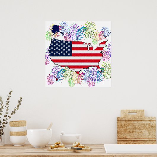 USA Flag Map and Fireworks with Texture Poster (Küche)