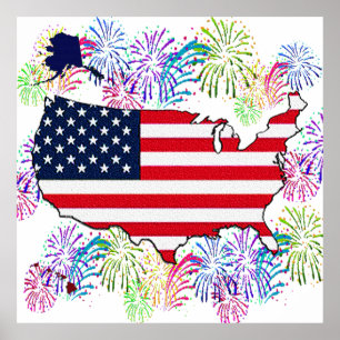 USA Flag Map and Fireworks with Texture Poster